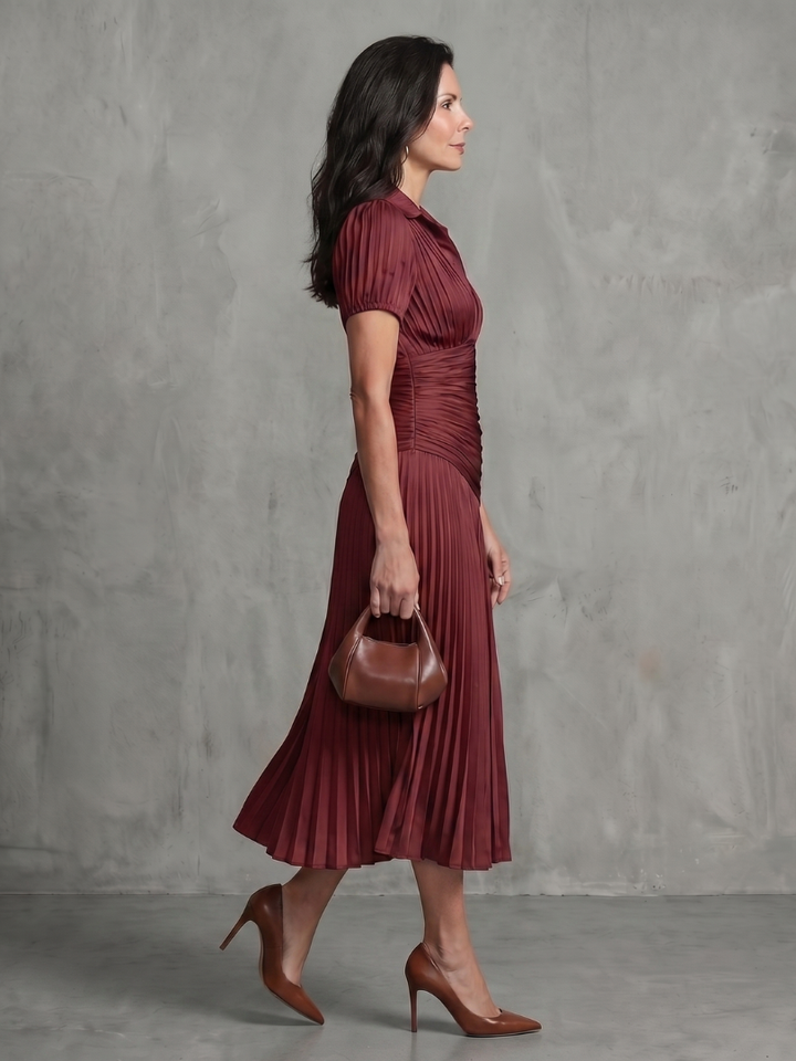 Paola | Pleated Waistline Stripe Midi Dress