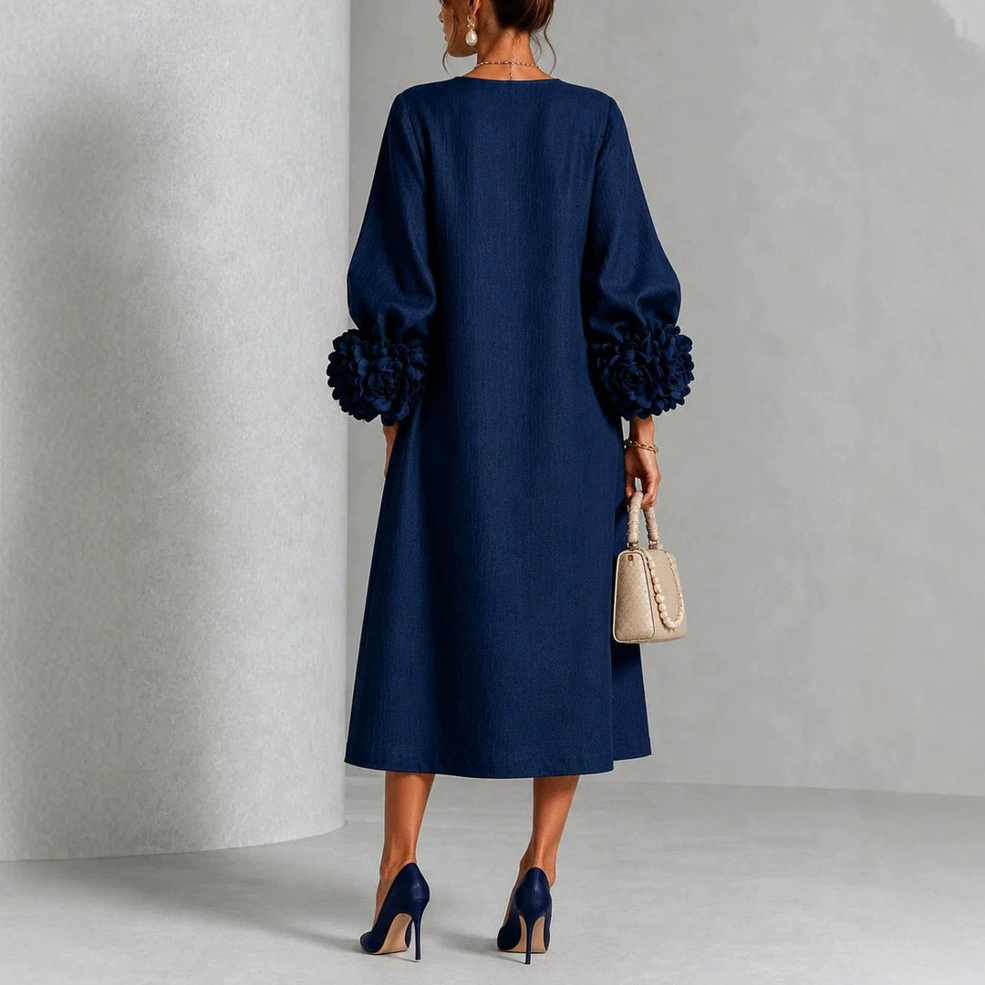 Maggie | Floral Midi Dress with Rose-Cuff Sleeves