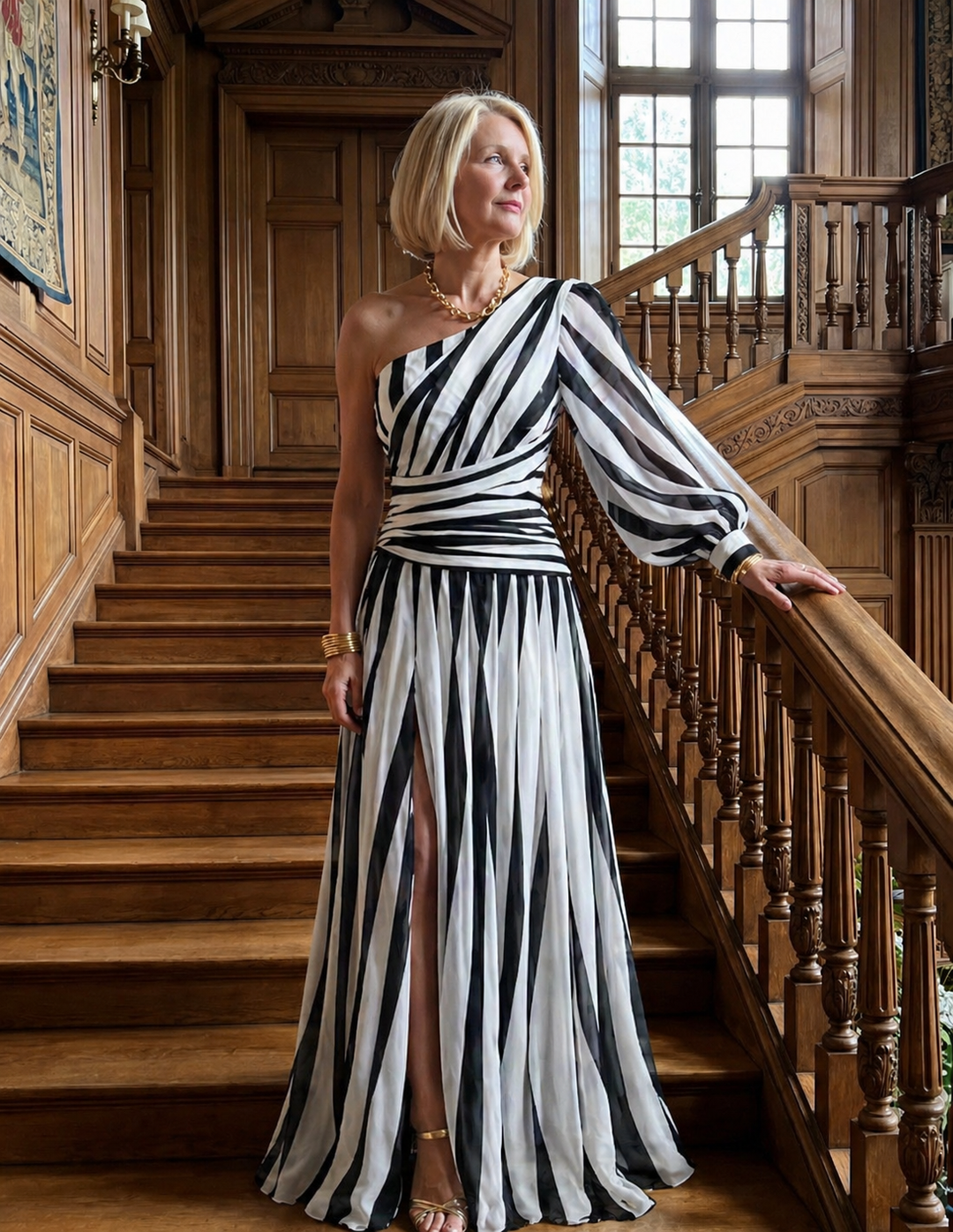 Harrow & Lane™ | Elegant Striped Maxi Dress with One Shoulder