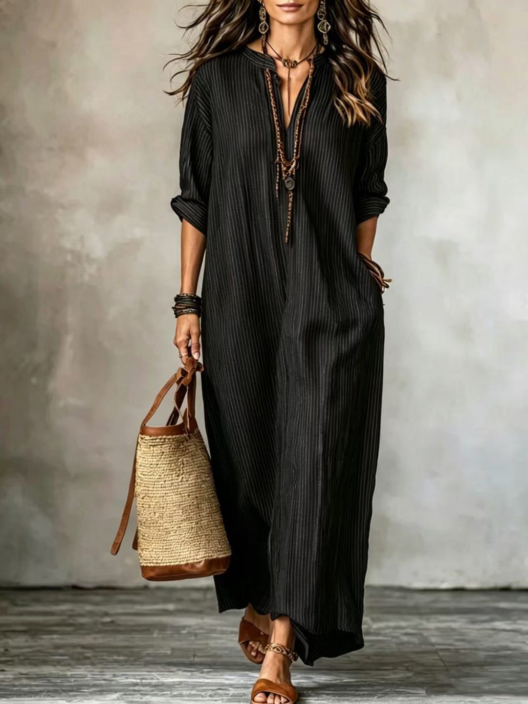 BRONWYN | Long Sleeve Maxi Dress V-Neck Striped Style with Side Pockets