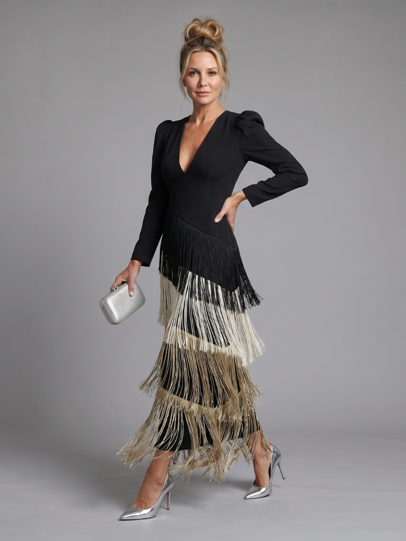 Harrow & Lane Long Sleeve Soft Fringe Skirt Midi Dress