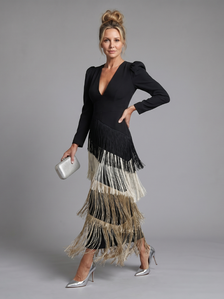 Harrow & Lane Long Sleeve Soft Fringe Skirt Midi Dress
