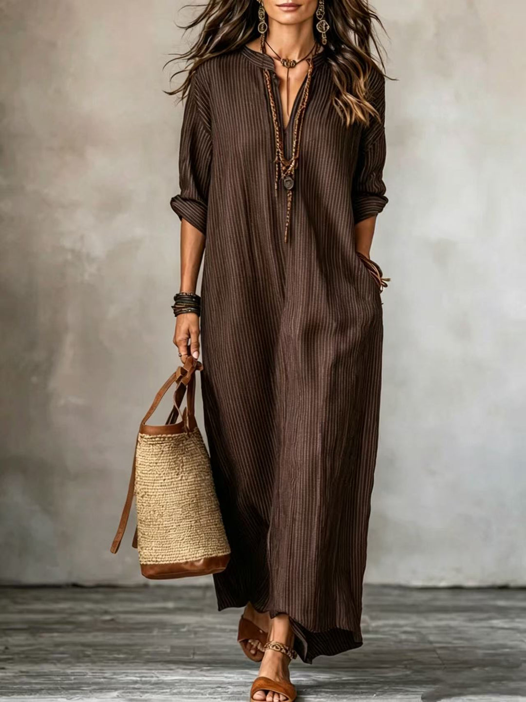 BRONWYN | Long Sleeve Maxi Dress V-Neck Striped Style with Side Pockets