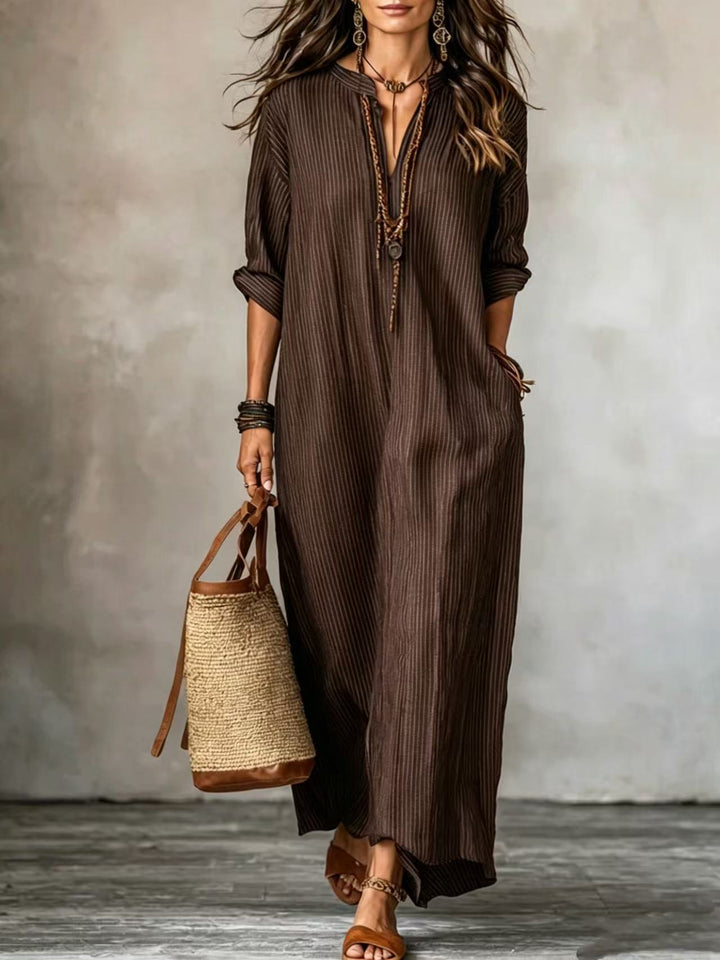 BRONWYN | Long Sleeve Maxi Dress V-Neck Striped Style with Side Pockets