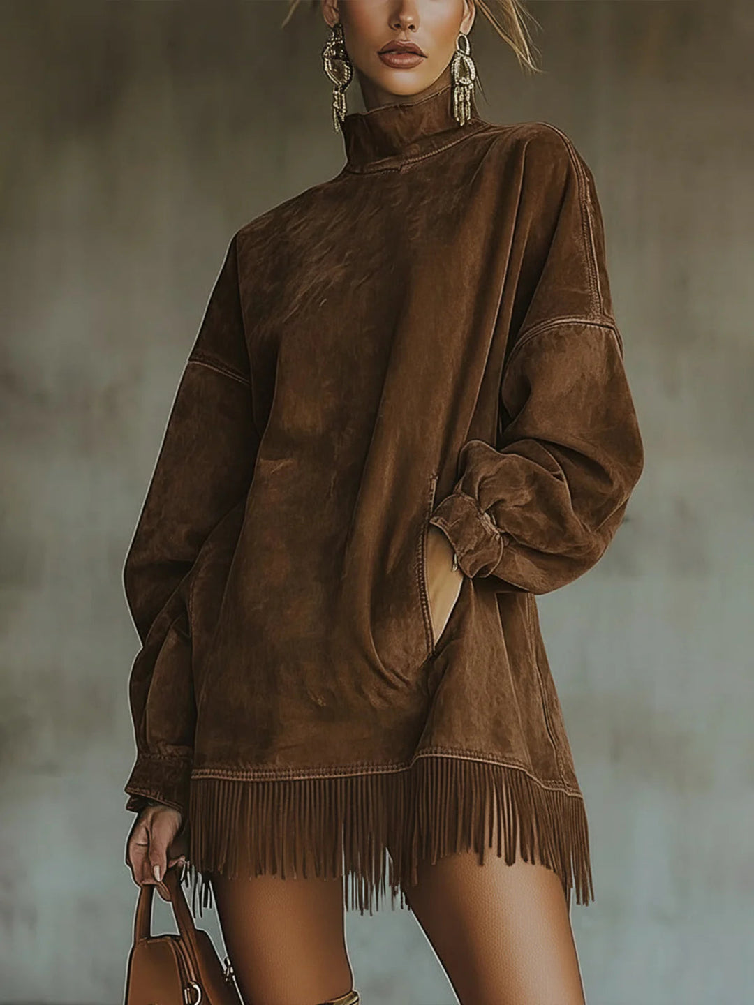 Alba - Suede Dress with High Neck and Fringe