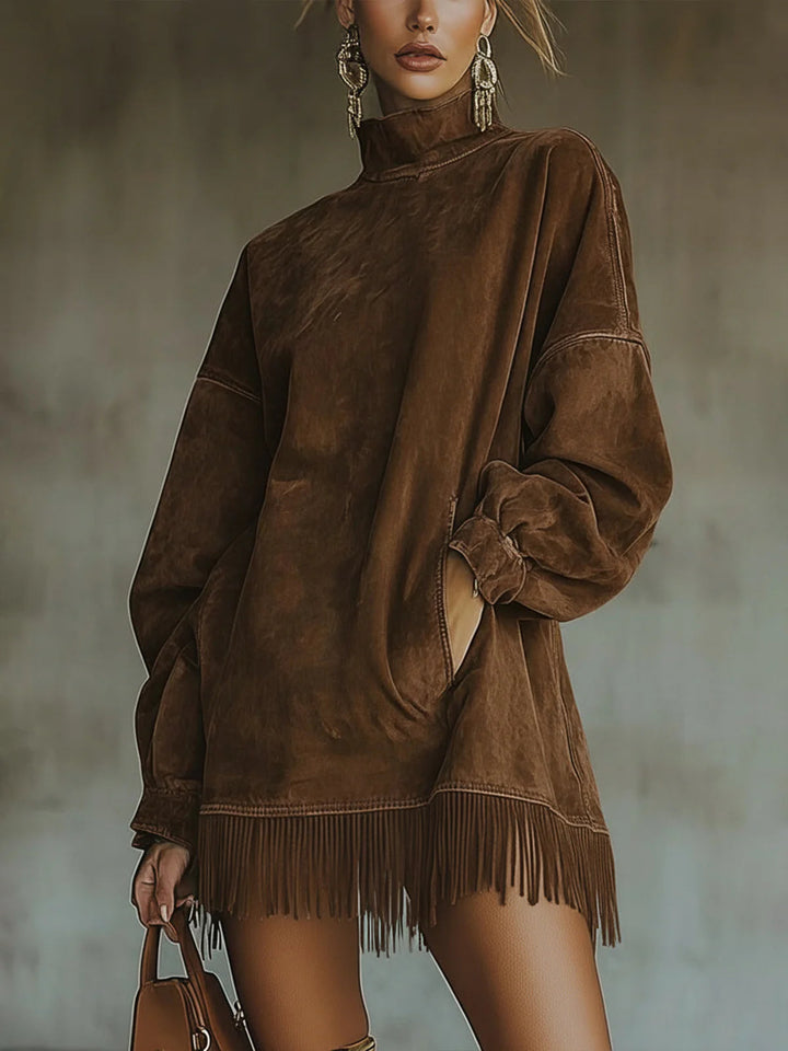 Alba - Suede Dress with High Neck and Fringe