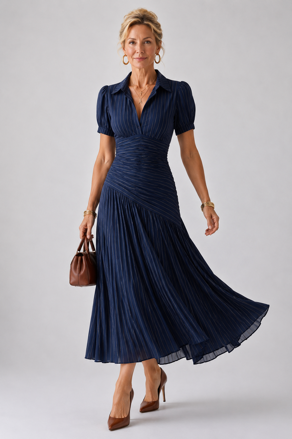 Paola | Pleated Waistline Stripe Midi Dress