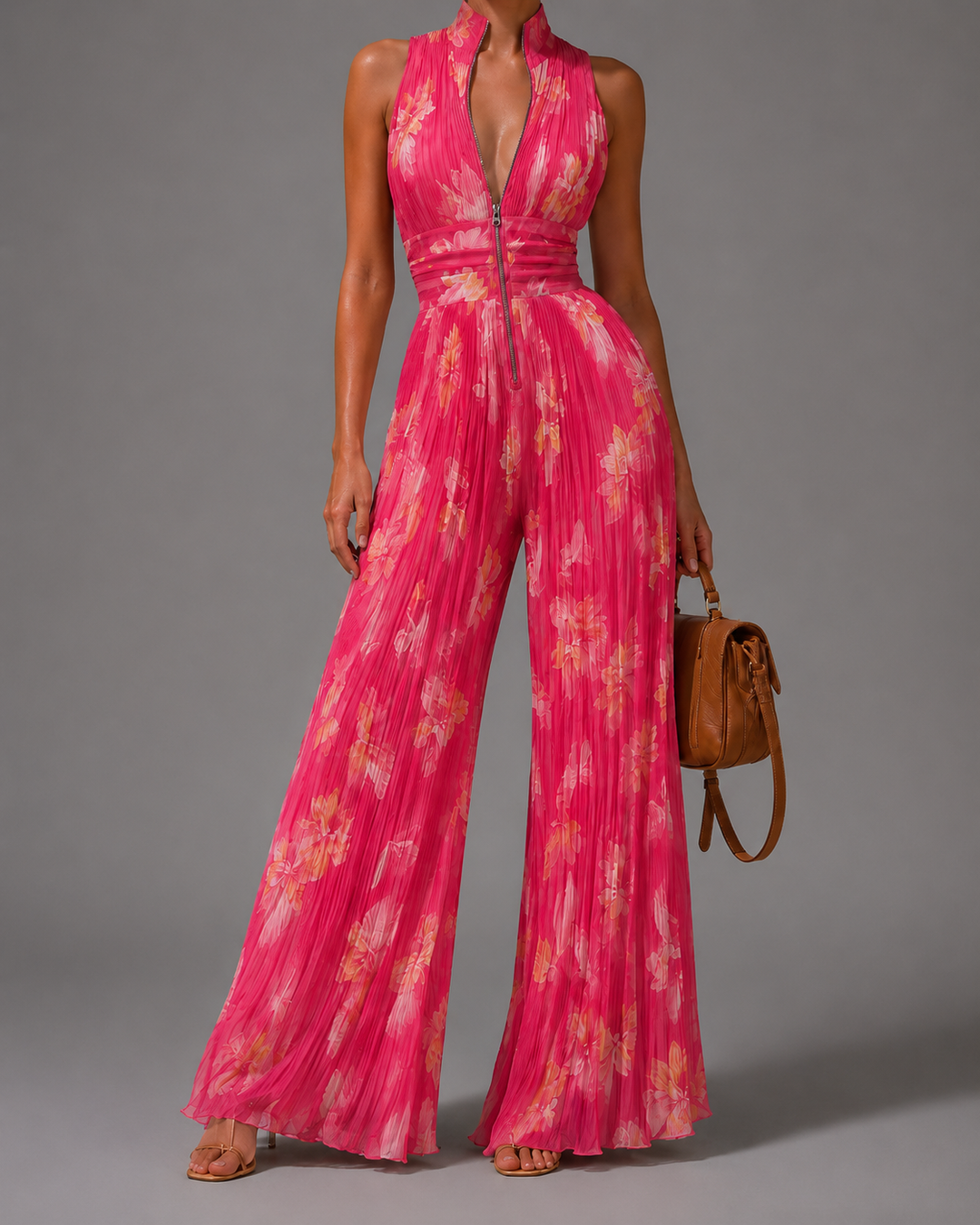 Kyla | Pleated Floral Chiffon Jumpsuit for Women