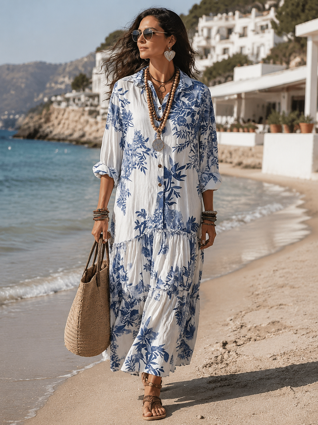 Milena™ | Bohemian Blue Floral Button-Down Tiered Maxi Dress