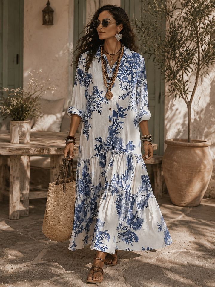 Milena™ | Bohemian Blue Floral Button-Down Tiered Maxi Dress