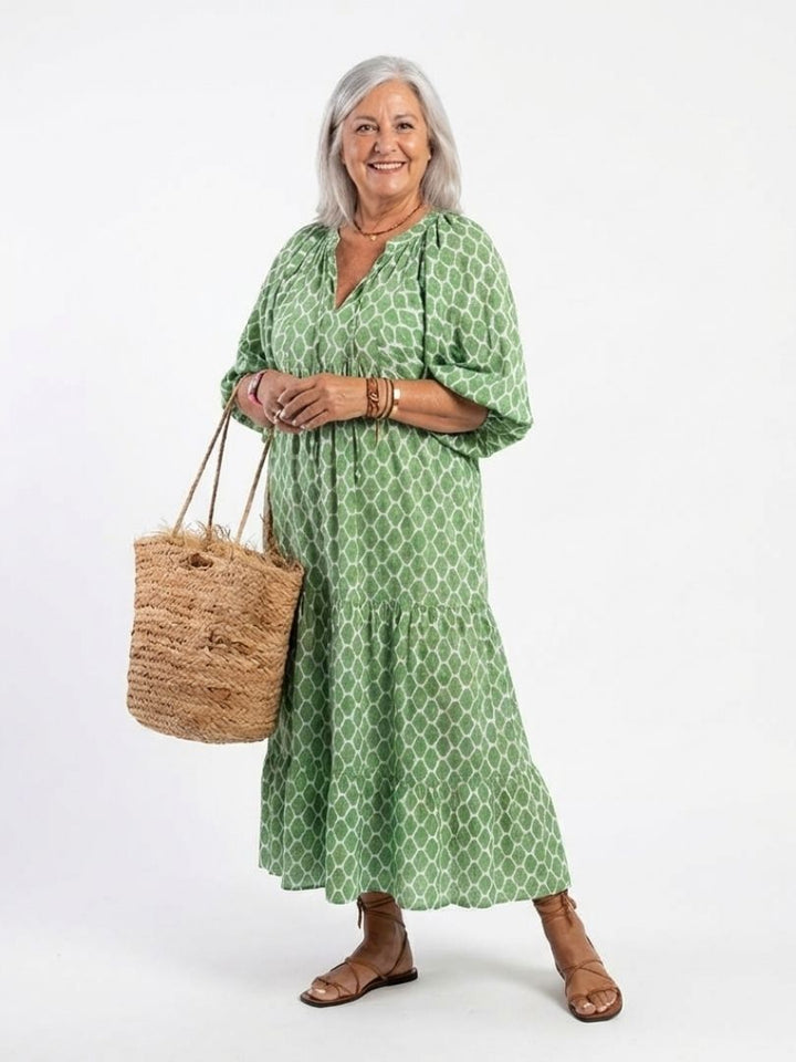 Angeline | Three Quarter Sleeve V Neck Patterned Midi Dress