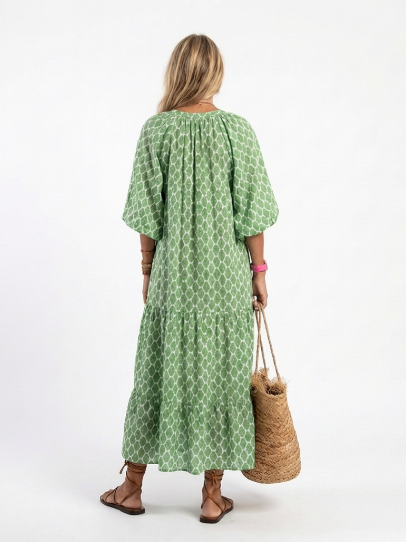 Angeline | Three Quarter Sleeve V Neck Patterned Midi Dress