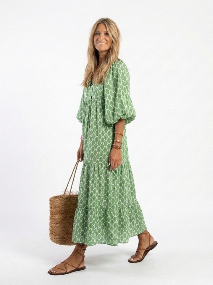 Angeline | Three Quarter Sleeve V Neck Patterned Midi Dress