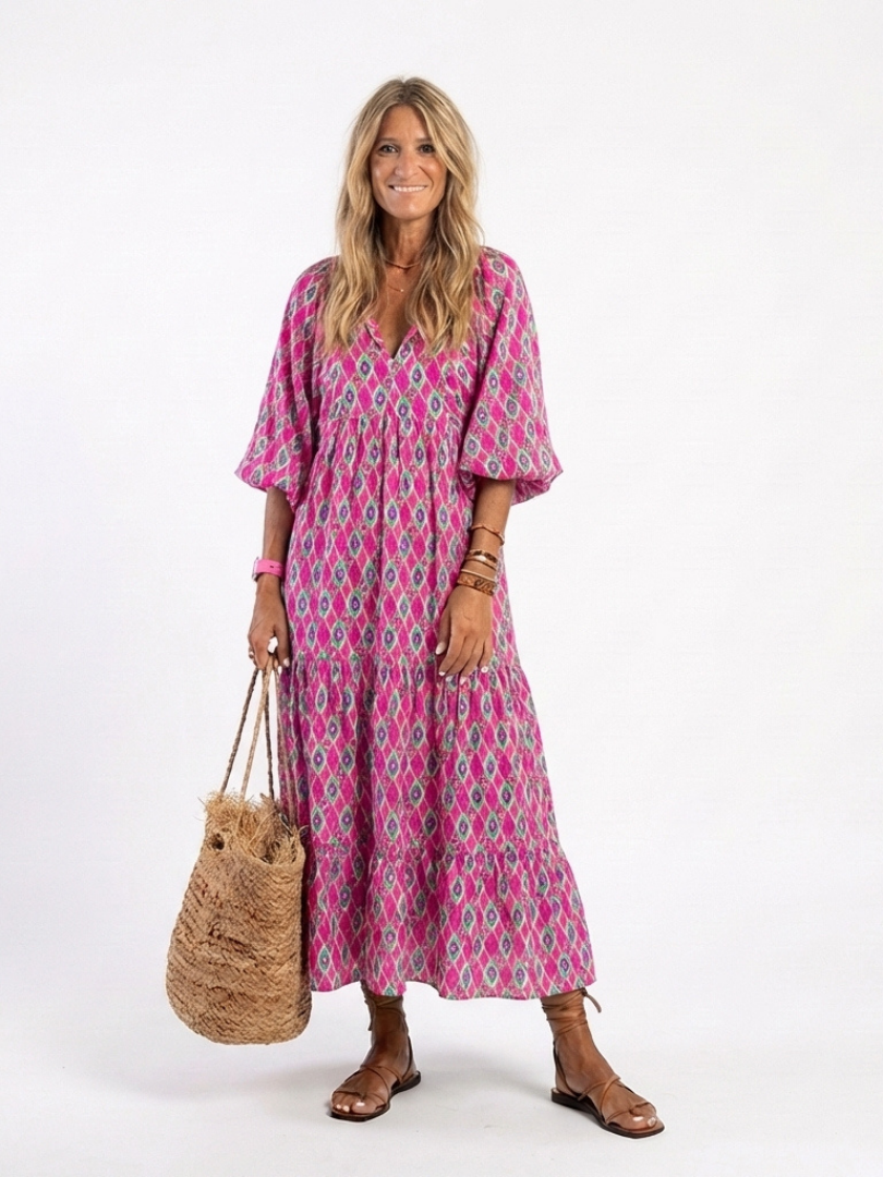 Angeline | Three Quarter Sleeve V Neck Patterned Midi Dress