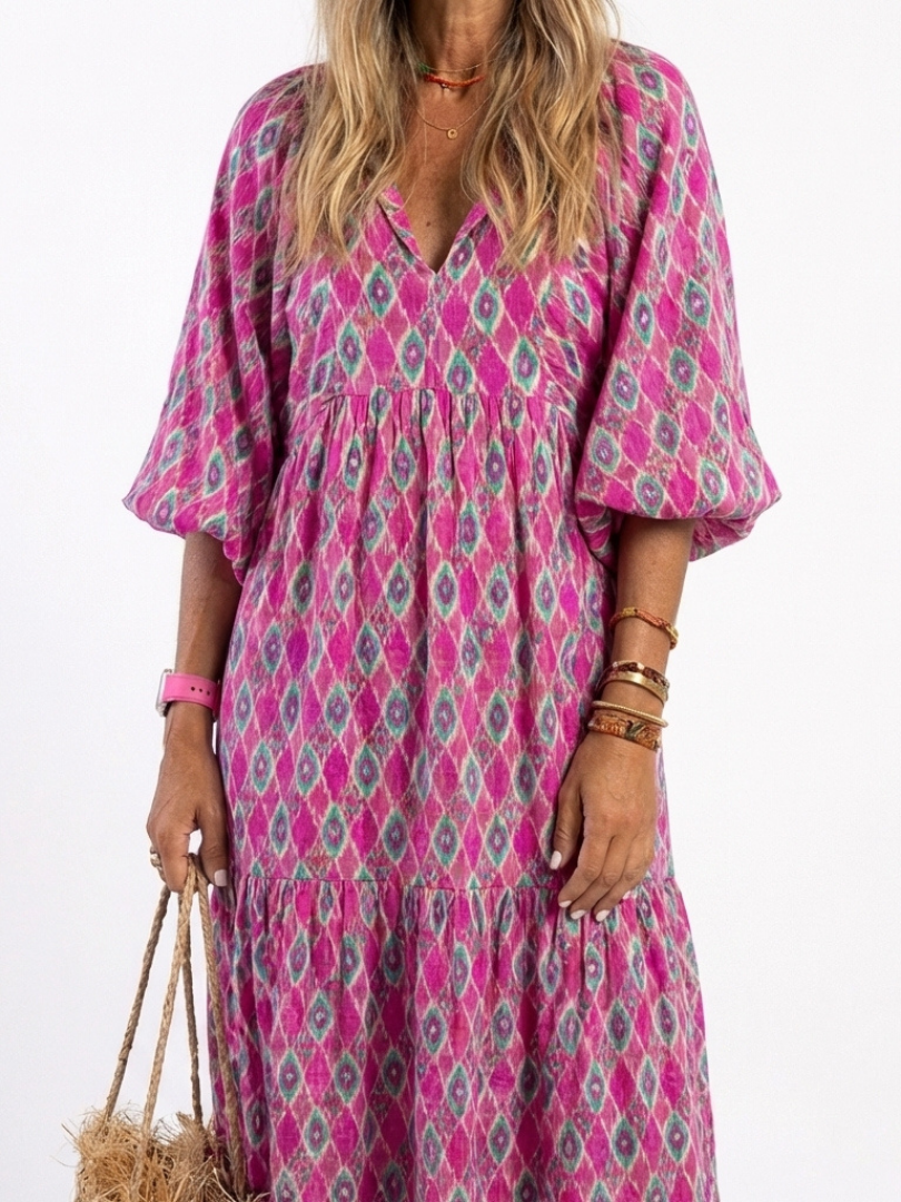 Angeline | Three Quarter Sleeve V Neck Patterned Midi Dress
