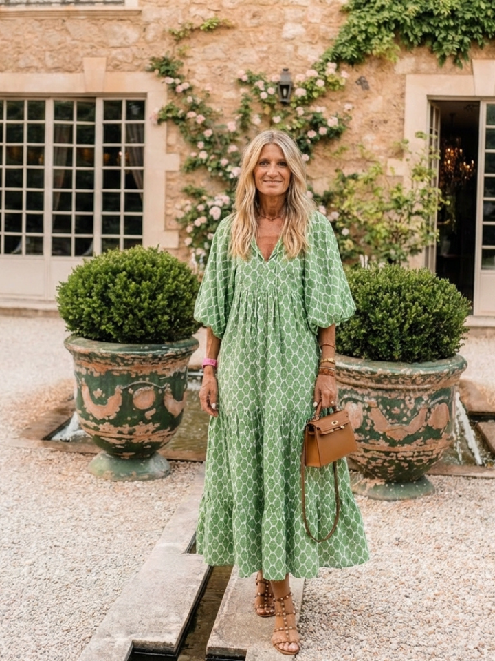Angeline | Three Quarter Sleeve V Neck Patterned Midi Dress