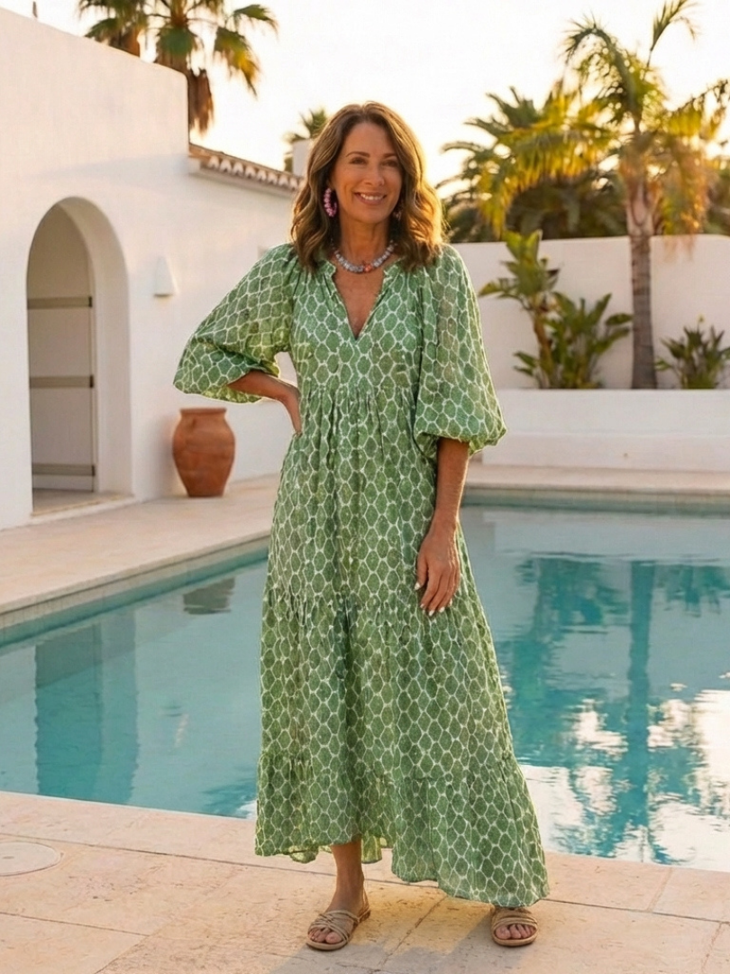 Angeline | Three Quarter Sleeve V Neck Patterned Midi Dress