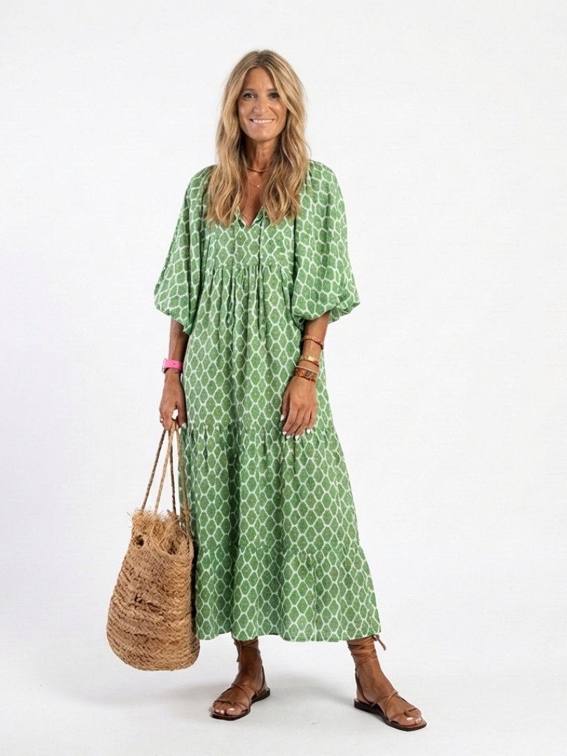 Angeline | Three Quarter Sleeve V Neck Patterned Midi Dress