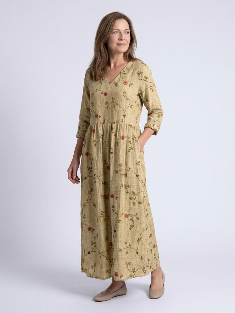 Aideen | Floral V Neck Three Quarter Sleeve Maxi Dress