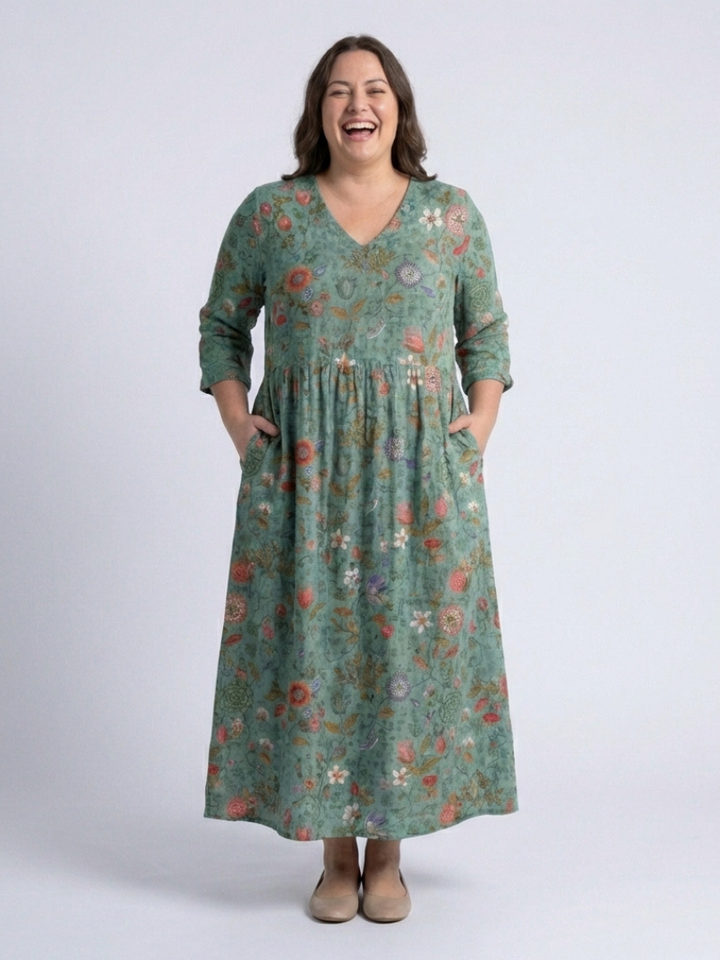 Aideen | Floral V Neck Three Quarter Sleeve Maxi Dress