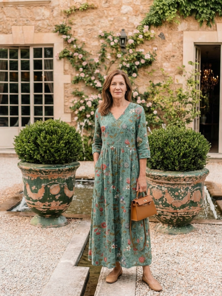 Aideen | Floral V Neck Three Quarter Sleeve Maxi Dress