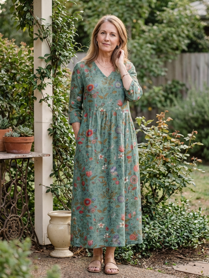 Aideen | Floral V Neck Three Quarter Sleeve Maxi Dress