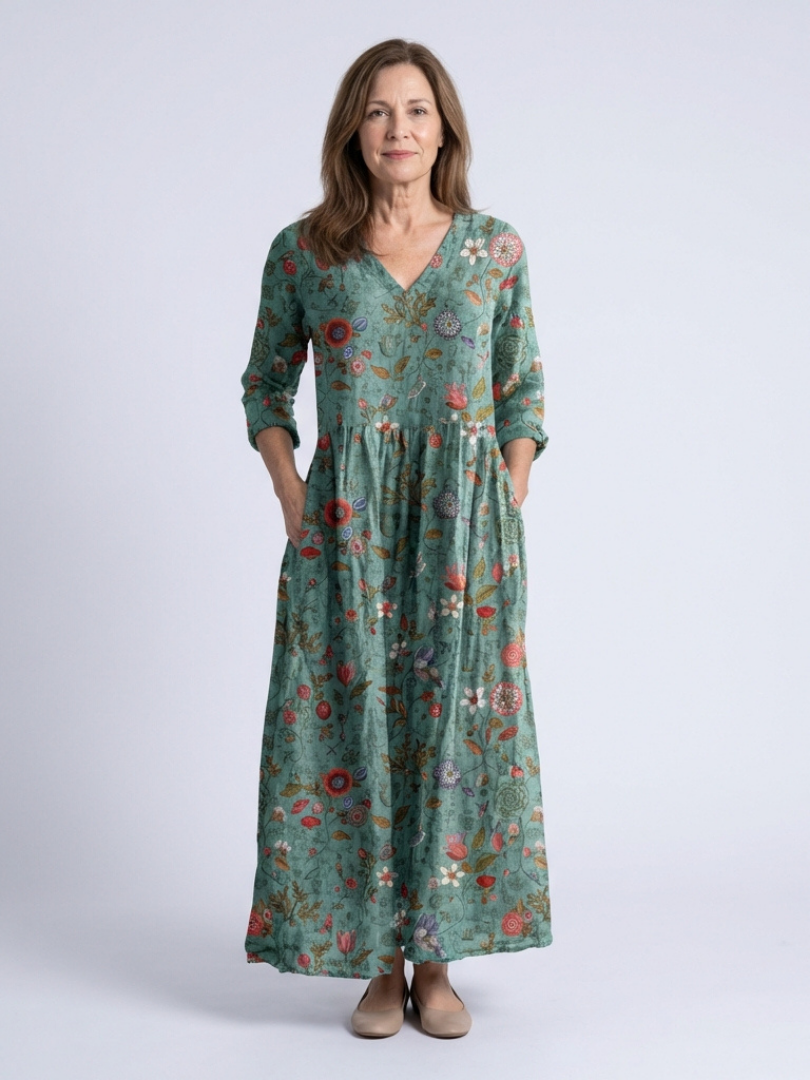 Aideen | Floral V Neck Three Quarter Sleeve Maxi Dress