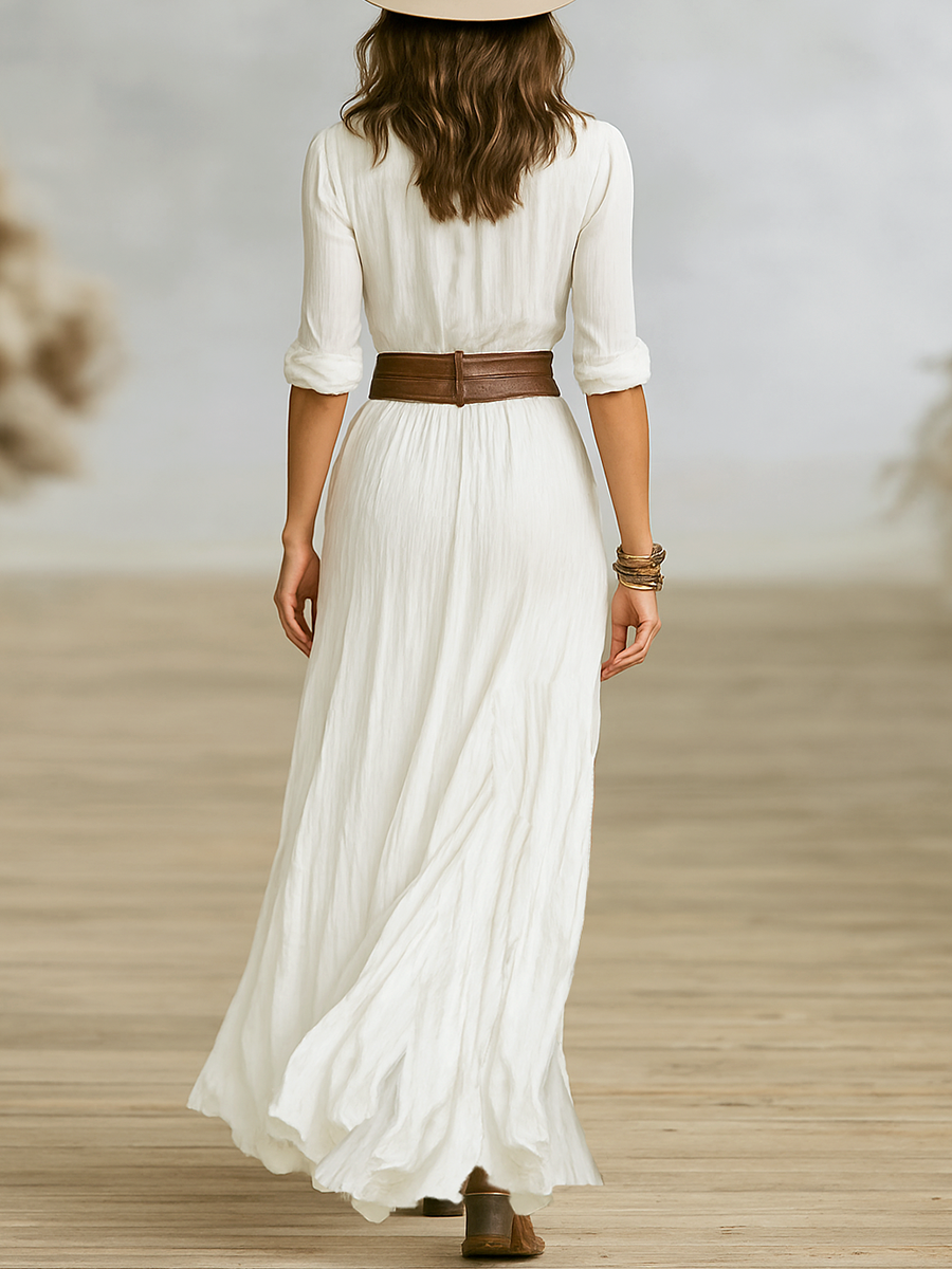 Alina - Long Linen Dress with Reversed Collar