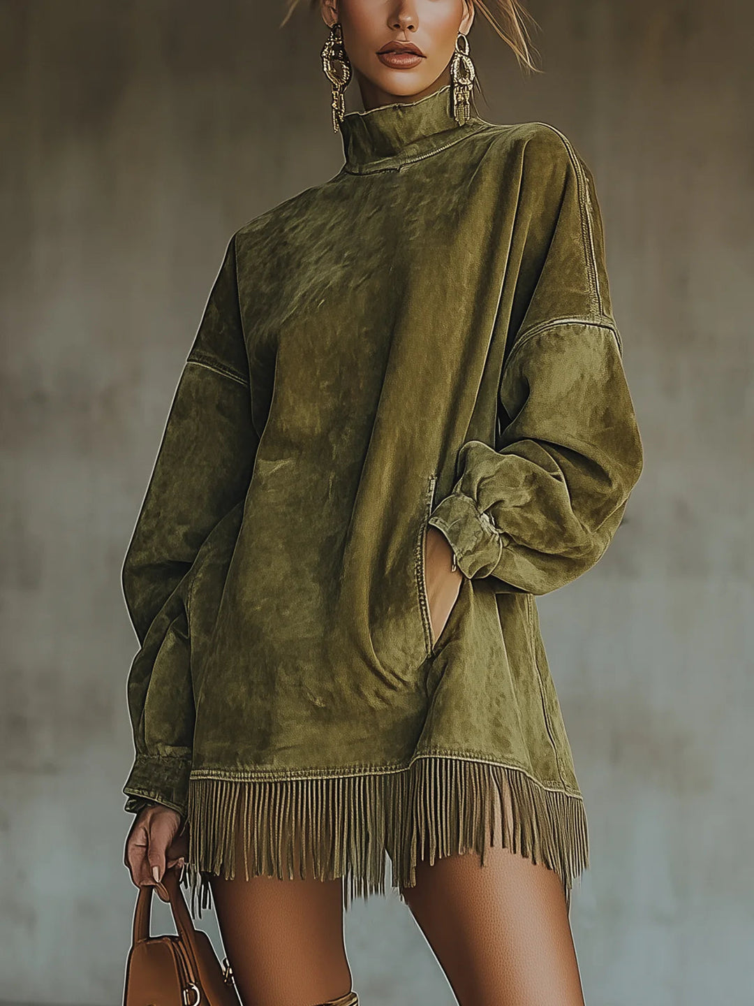 Alba - Suede Dress with High Neck and Fringe