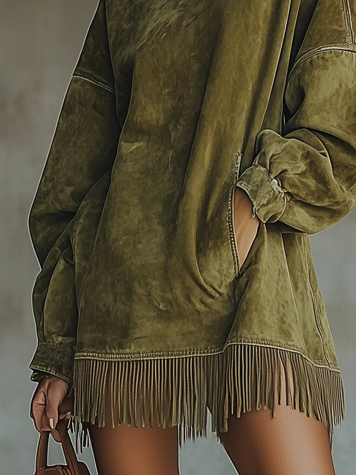 Alba - Suede Dress with High Neck and Fringe