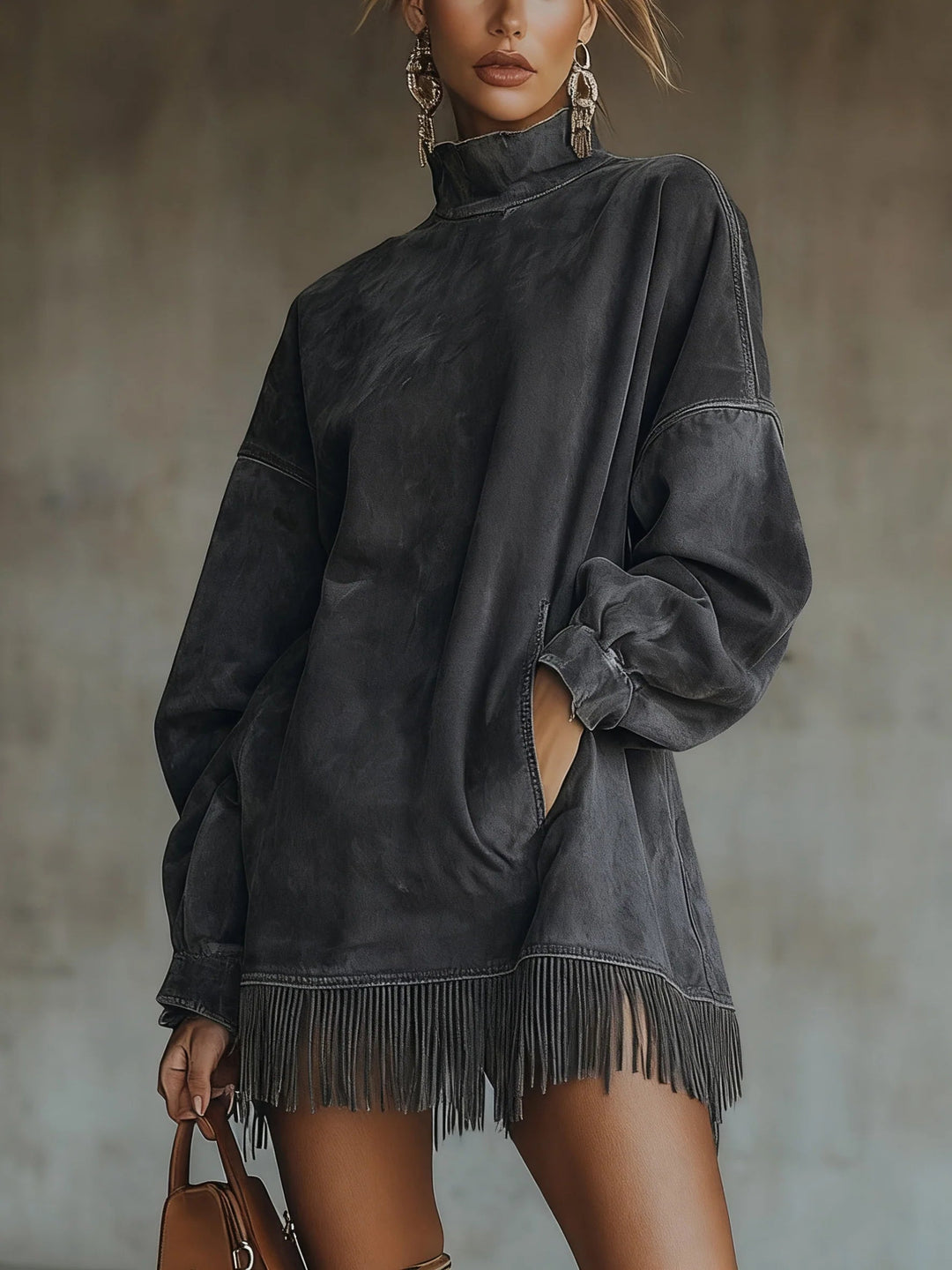 Alba - Suede Dress with High Neck and Fringe