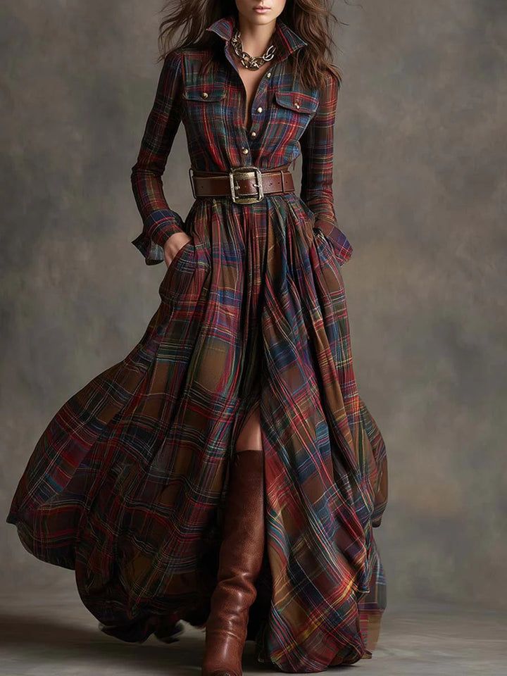 Adela - Long plaid dress with belt