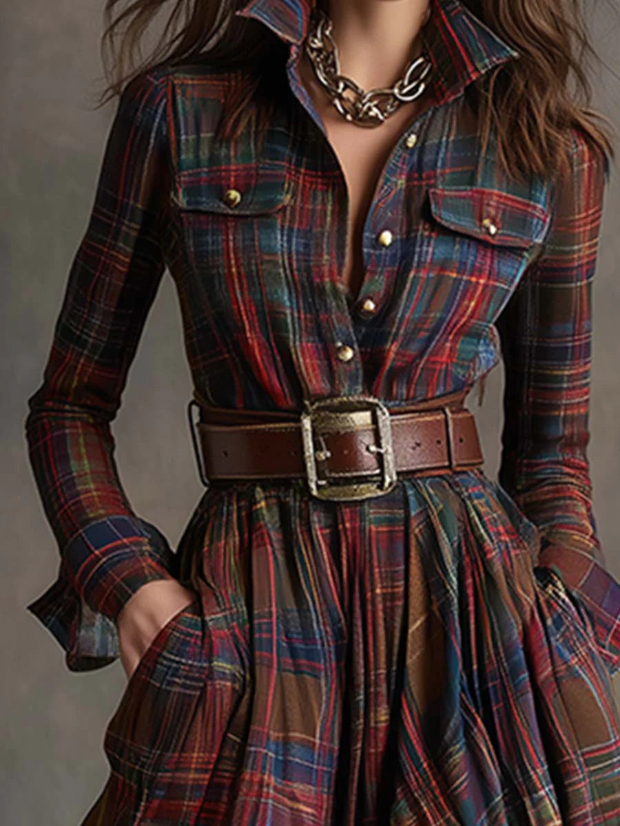 Adela - Long plaid dress with belt