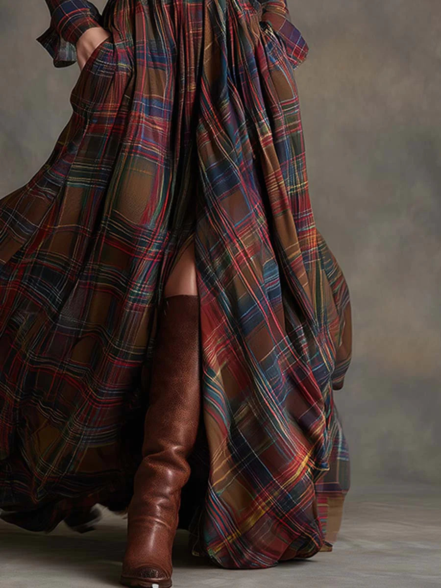 Adela - Long plaid dress with belt