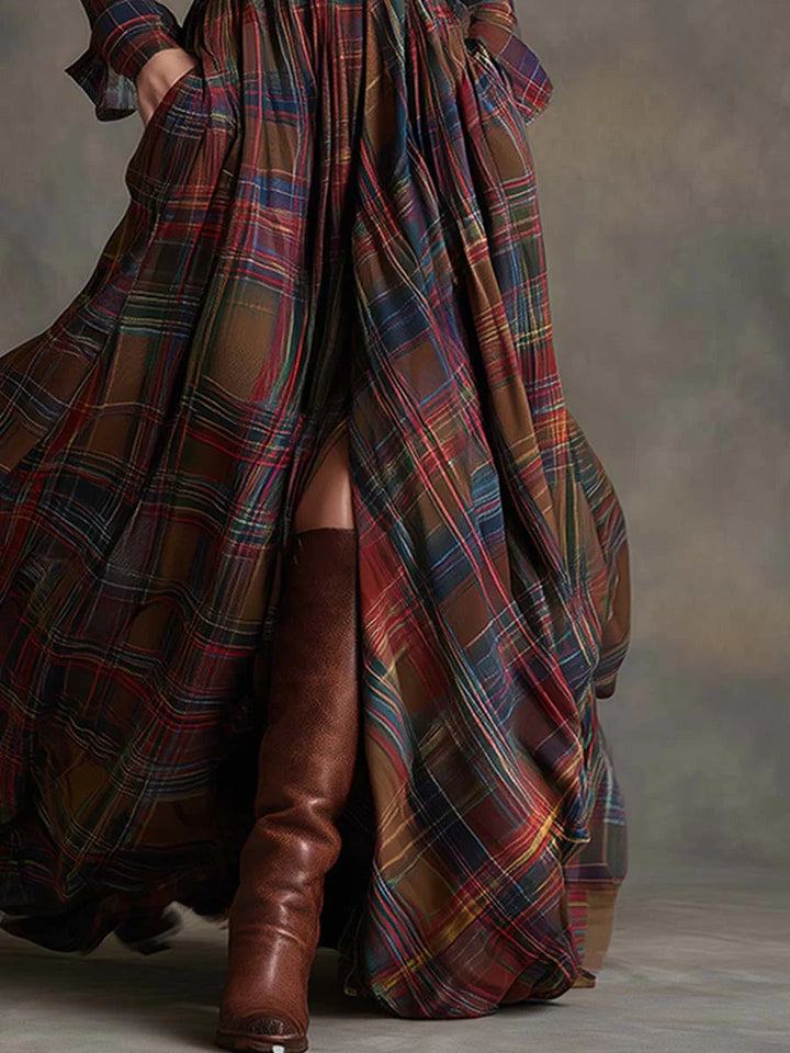 Adela - Long plaid dress with belt