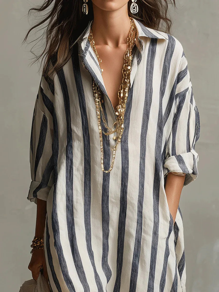 Zelie | Striped Shirt Maxi Dress with Long Sleeves and Side Pockets
