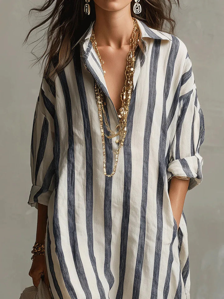 Zelie | Striped Shirt Maxi Dress with Long Sleeves and Side Pockets