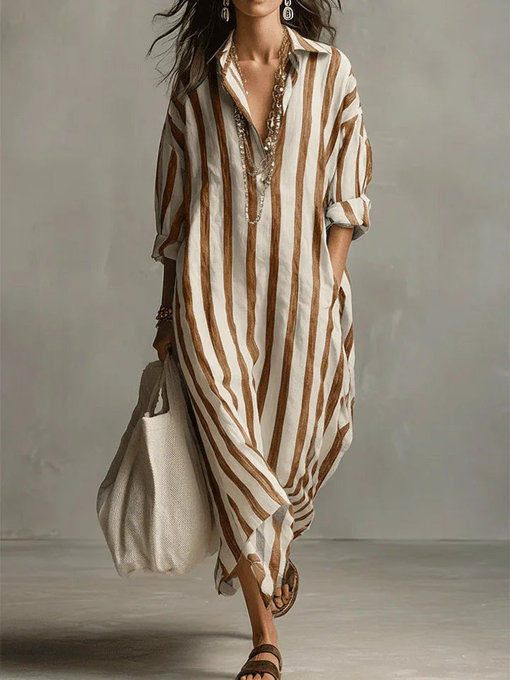 Zelie | Striped Shirt Maxi Dress with Long Sleeves and Side Pockets