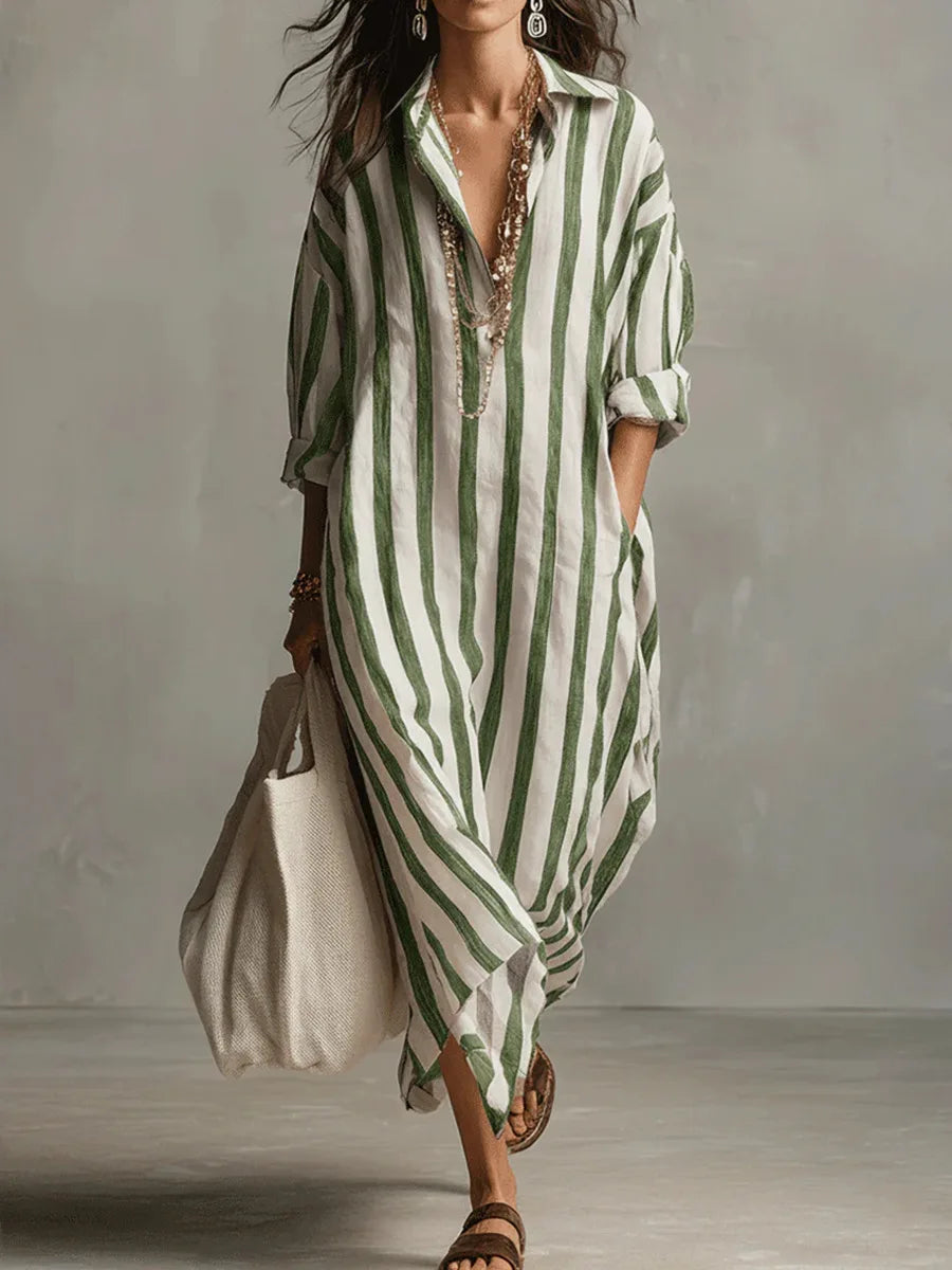 Zelie | Striped Shirt Maxi Dress with Long Sleeves and Side Pockets