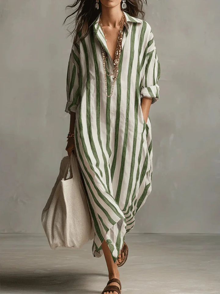 Zelie | Striped Shirt Maxi Dress with Long Sleeves and Side Pockets