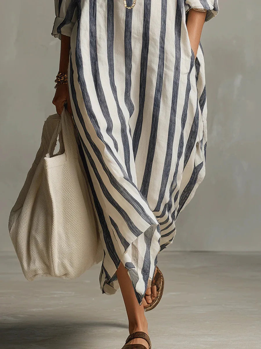 Zelie | Striped Shirt Maxi Dress with Long Sleeves and Side Pockets