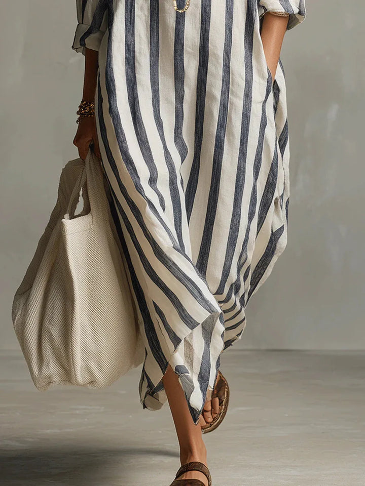 Zelie | Striped Shirt Maxi Dress with Long Sleeves and Side Pockets