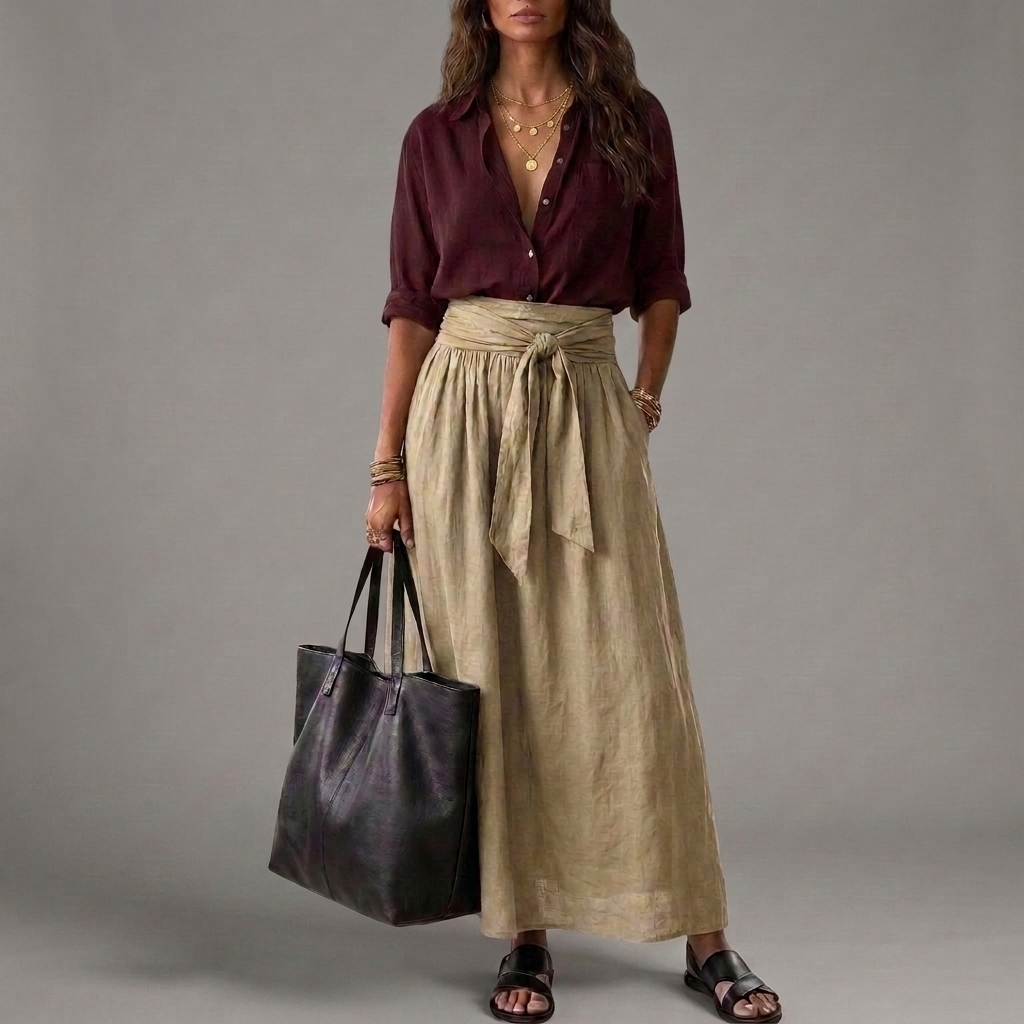 Arlene | Two-Piece Set: Black Top and Olive Green Midi Skirt