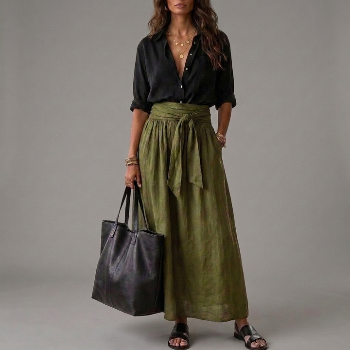 Arlene | Two-Piece Set: Black Top and Olive Green Midi Skirt