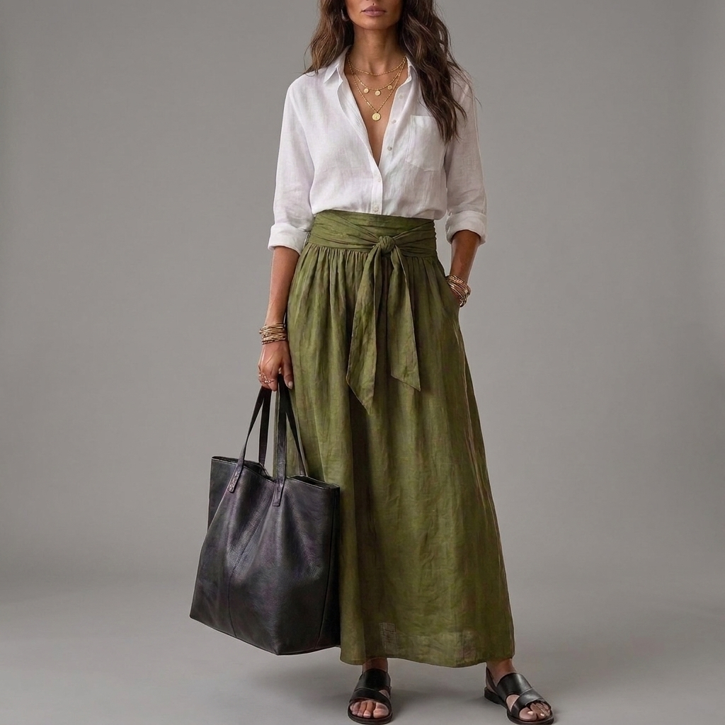 Arlene | Two-Piece Set: Black Top and Olive Green Midi Skirt