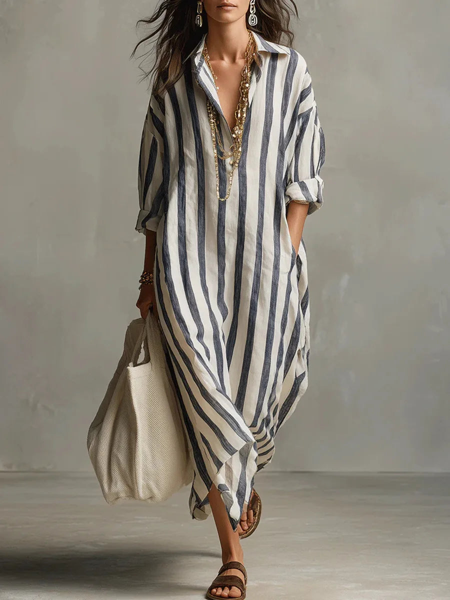 Zelie | Striped Shirt Maxi Dress with Long Sleeves and Side Pockets
