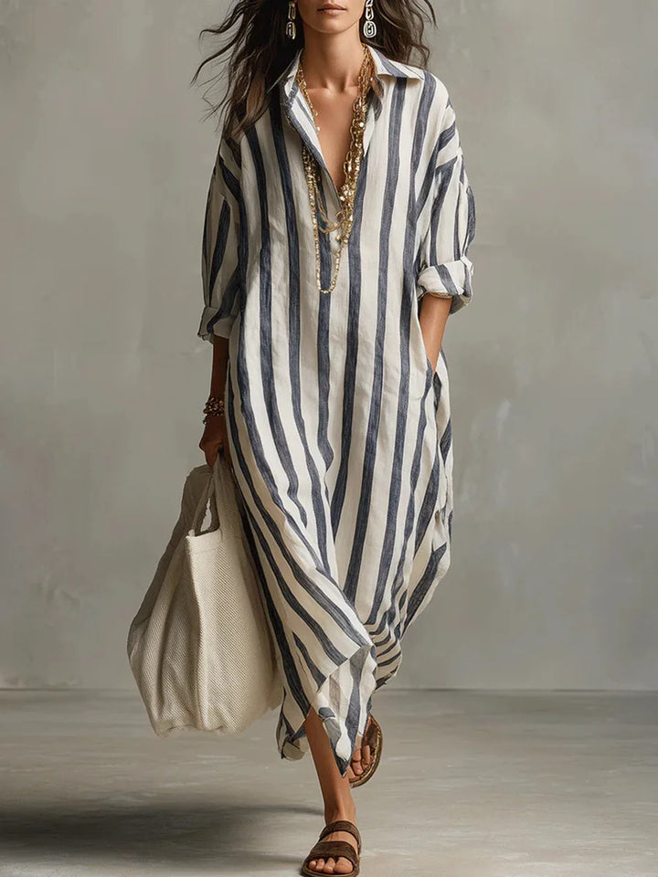 Zelie | Striped Shirt Maxi Dress with Long Sleeves and Side Pockets