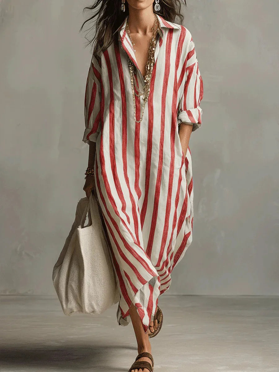 Zelie | Striped Shirt Maxi Dress with Long Sleeves and Side Pockets