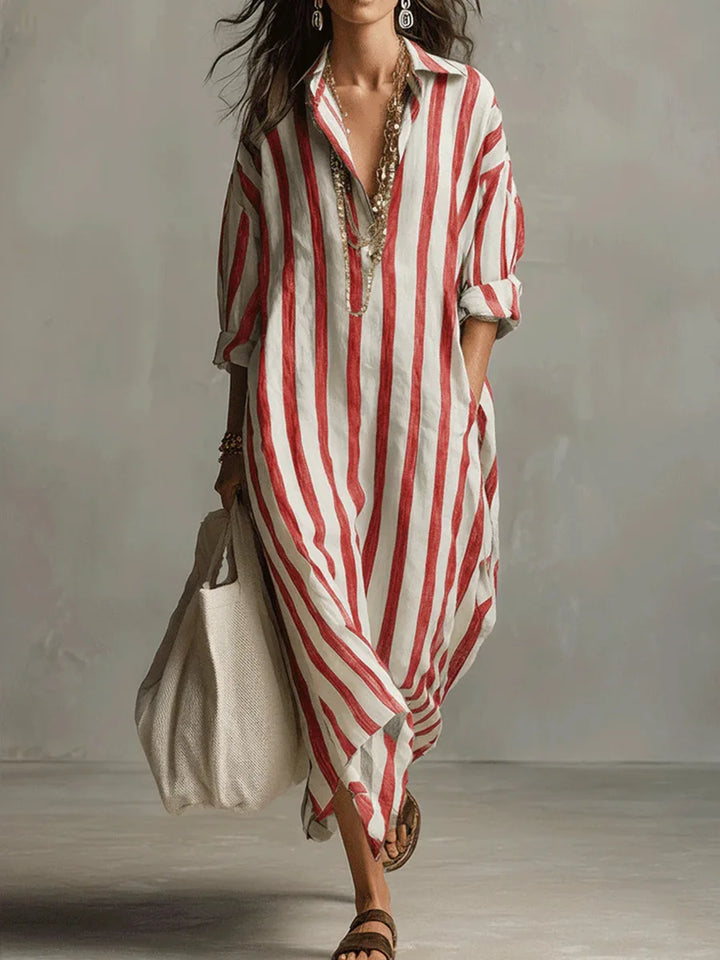 Zelie | Striped Shirt Maxi Dress with Long Sleeves and Side Pockets