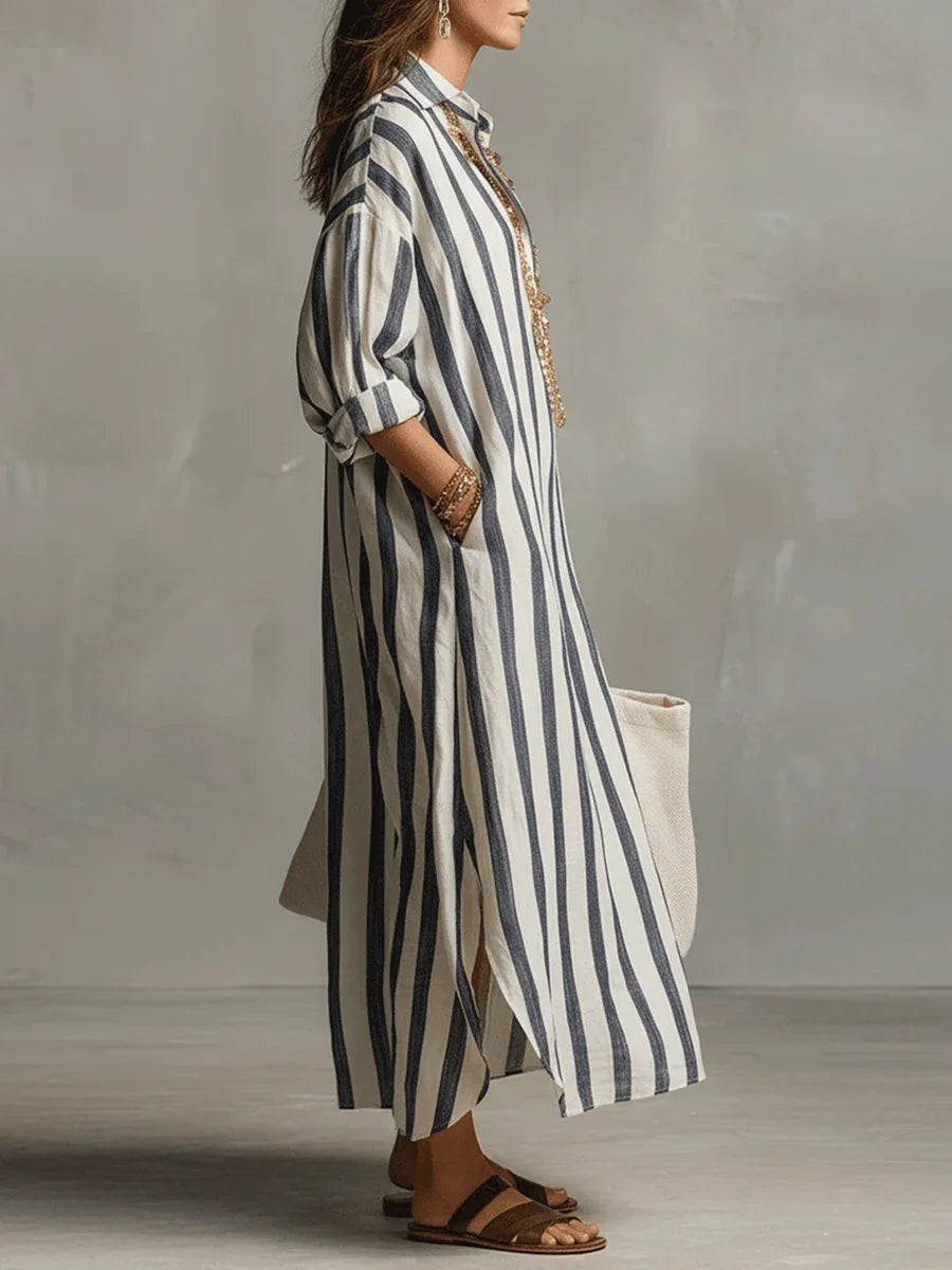 Zelie | Striped Shirt Maxi Dress with Long Sleeves and Side Pockets